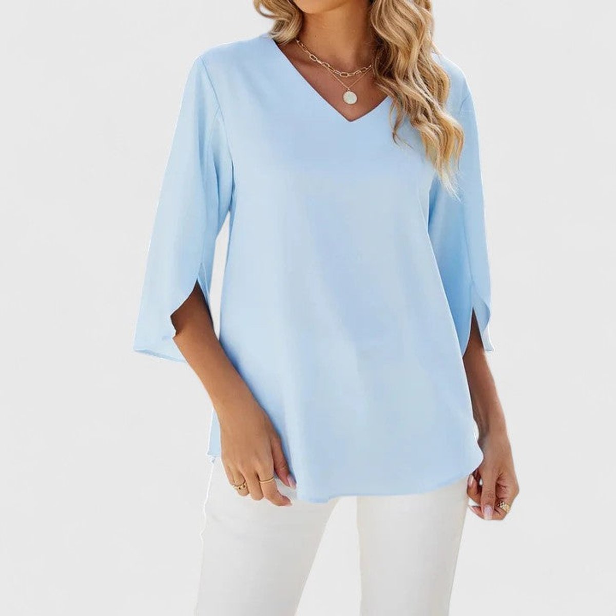 Women's Ruffle V-Neck Blouse — 3/4 Sleeve Cascading Front 2