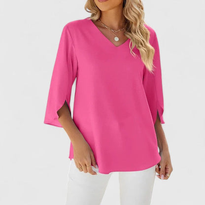 Women's Ruffle V-Neck Blouse — 3/4 Sleeve Cascading Front 3