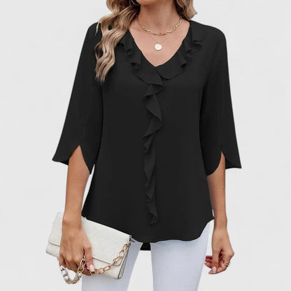 Women's Ruffle V-Neck Blouse — 3/4 Sleeve Cascading Front 4