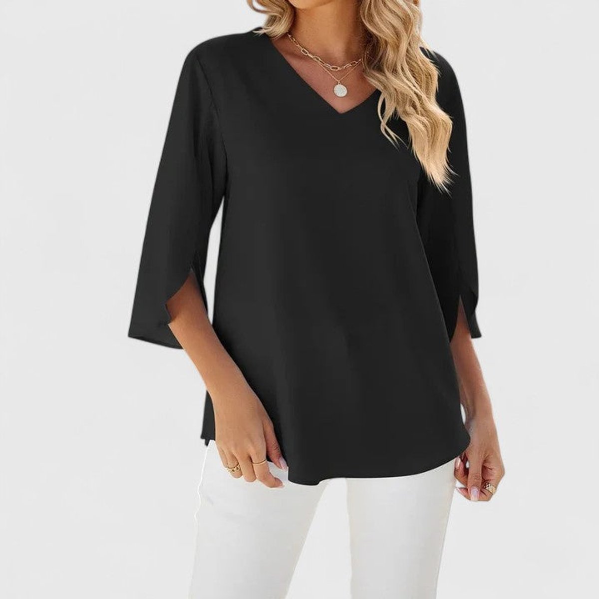 Women's Ruffle V-Neck Blouse — 3/4 Sleeve Cascading Front 6