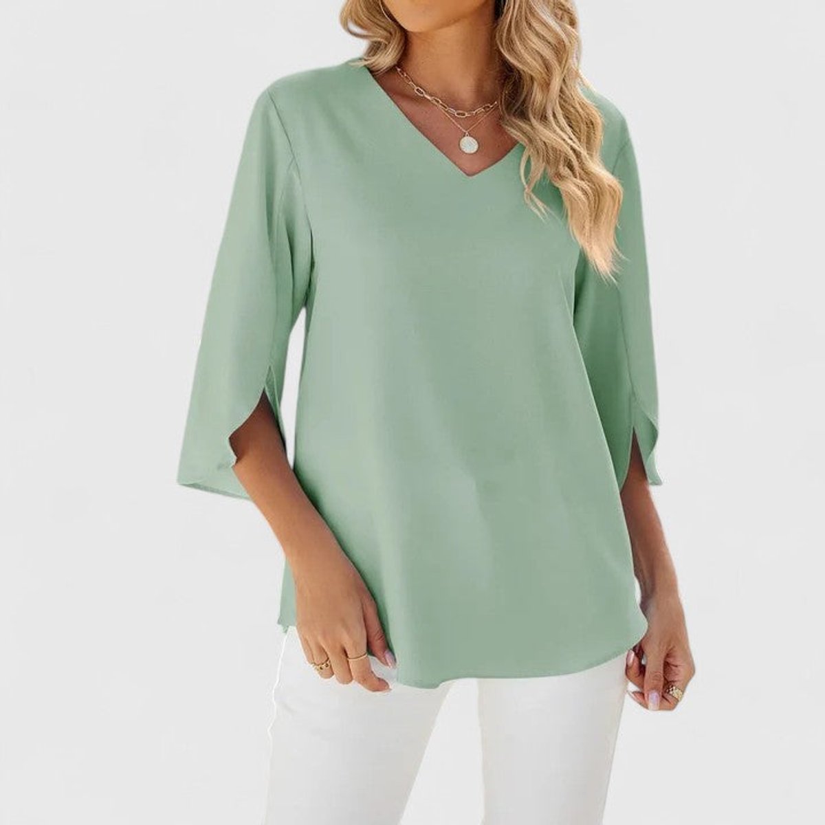 Women's Ruffle V-Neck Blouse — 3/4 Sleeve Cascading Front 7