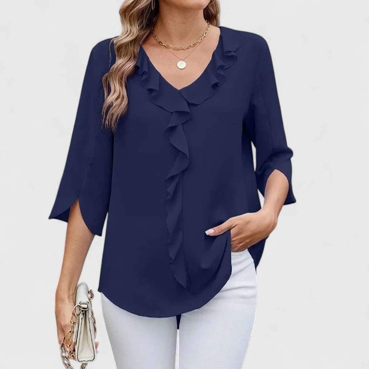 Women's Ruffle V-Neck Blouse — 3/4 Sleeve Cascading Front 8