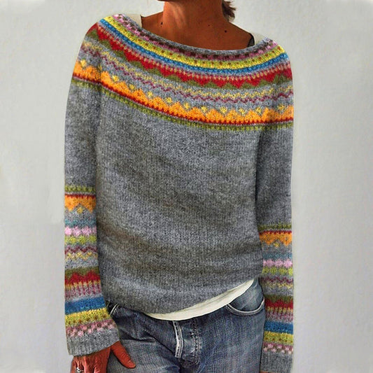 Retro Striped Knit Sweater — Women's Relaxed Boat Neck 1