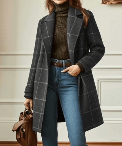 Retro Tweed Check Coat — Wool-Blend Lapel Collar Women 3