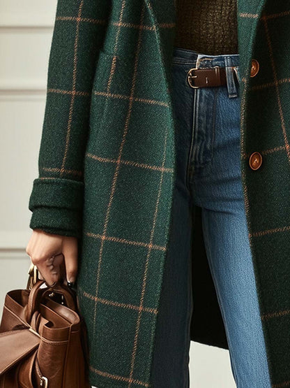 Retro Tweed Check Coat — Wool-Blend Lapel Collar Women 4