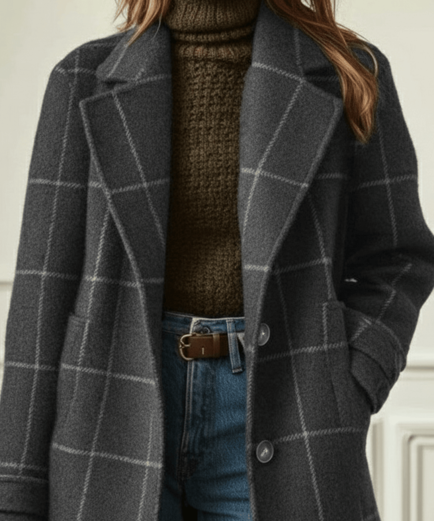 Retro Tweed Check Coat — Wool-Blend Lapel Collar Women 5