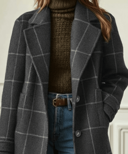 Retro Tweed Check Coat — Wool-Blend Lapel Collar Women 5