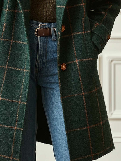Retro Tweed Check Coat — Wool-Blend Lapel Collar Women 6