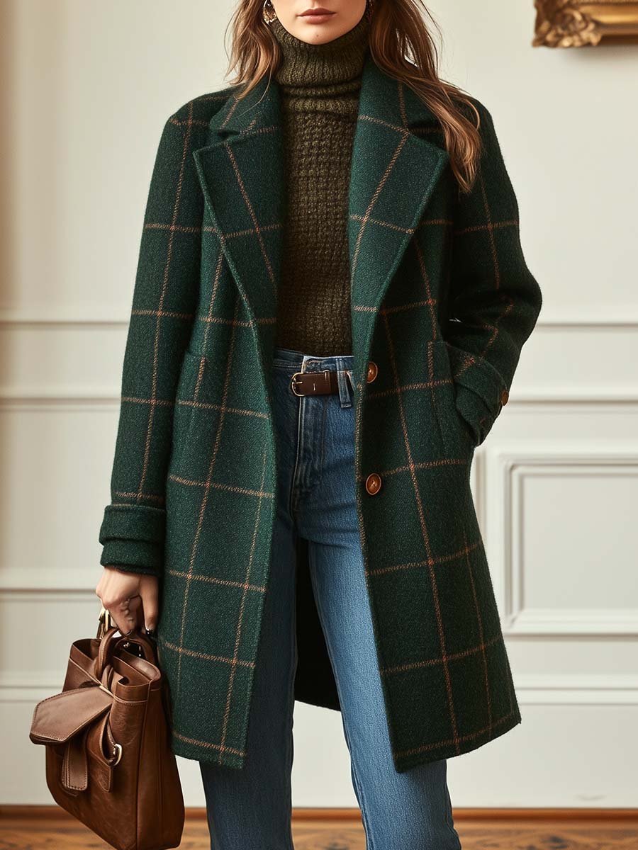 Retro Tweed Check Coat — Wool-Blend Lapel Collar Women 1
