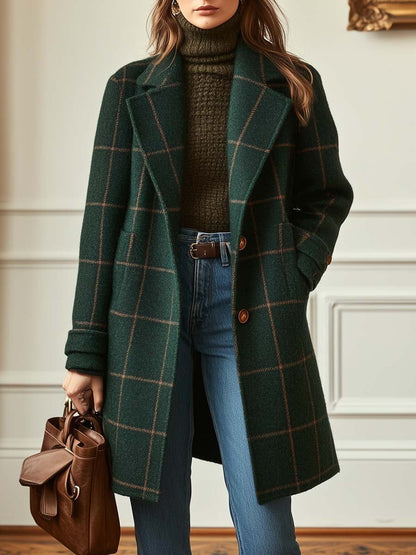Retro Tweed Check Coat — Wool-Blend Lapel Collar Women 1