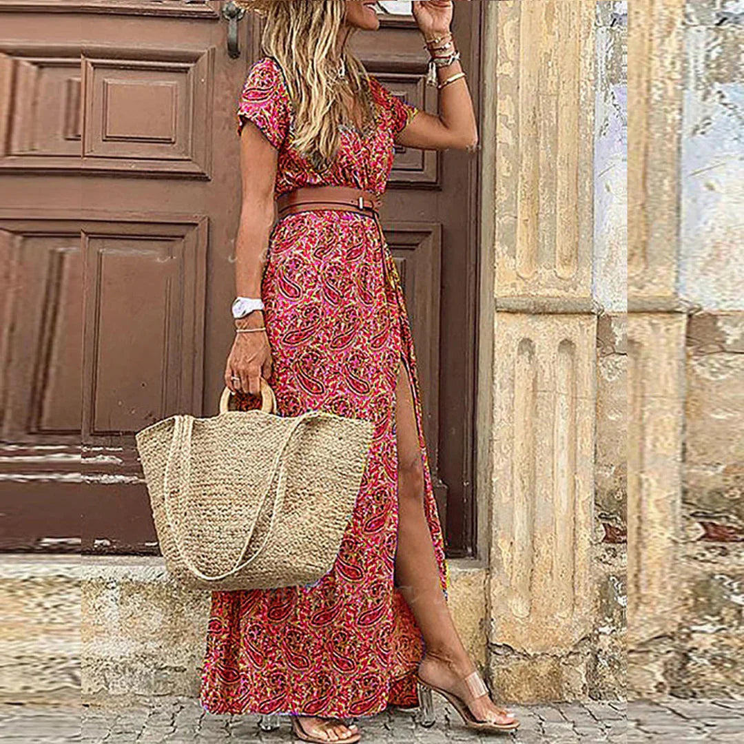 Boho V-Neck Maxi Dress with Belt & Front Split 4