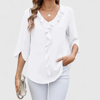 Women's Ruffle V-Neck Blouse — 3/4 Sleeve Cascading Front 5