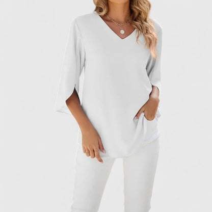 Women's Ruffle V-Neck Blouse — 3/4 Sleeve Cascading Front 9