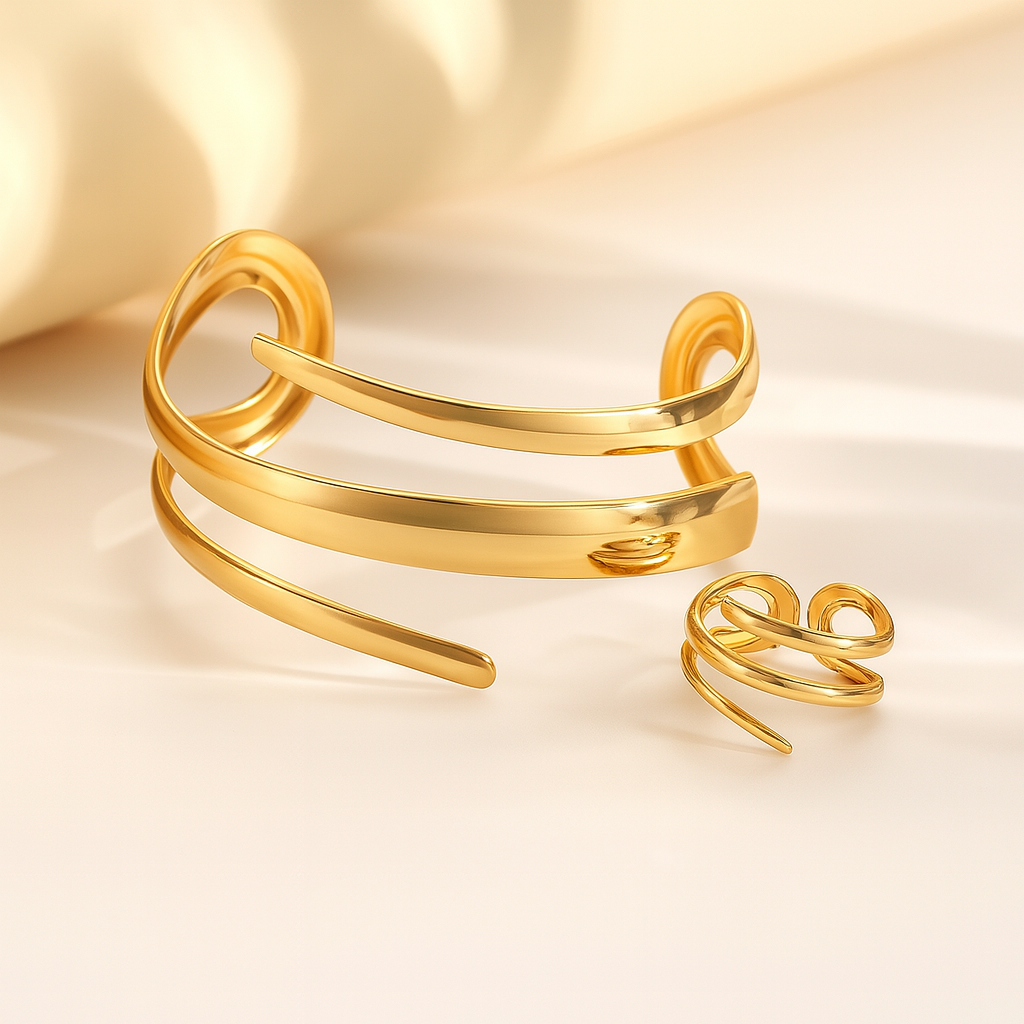 Savona Bangle & Ring Set — Gold or Silver Sculptural Tone 2