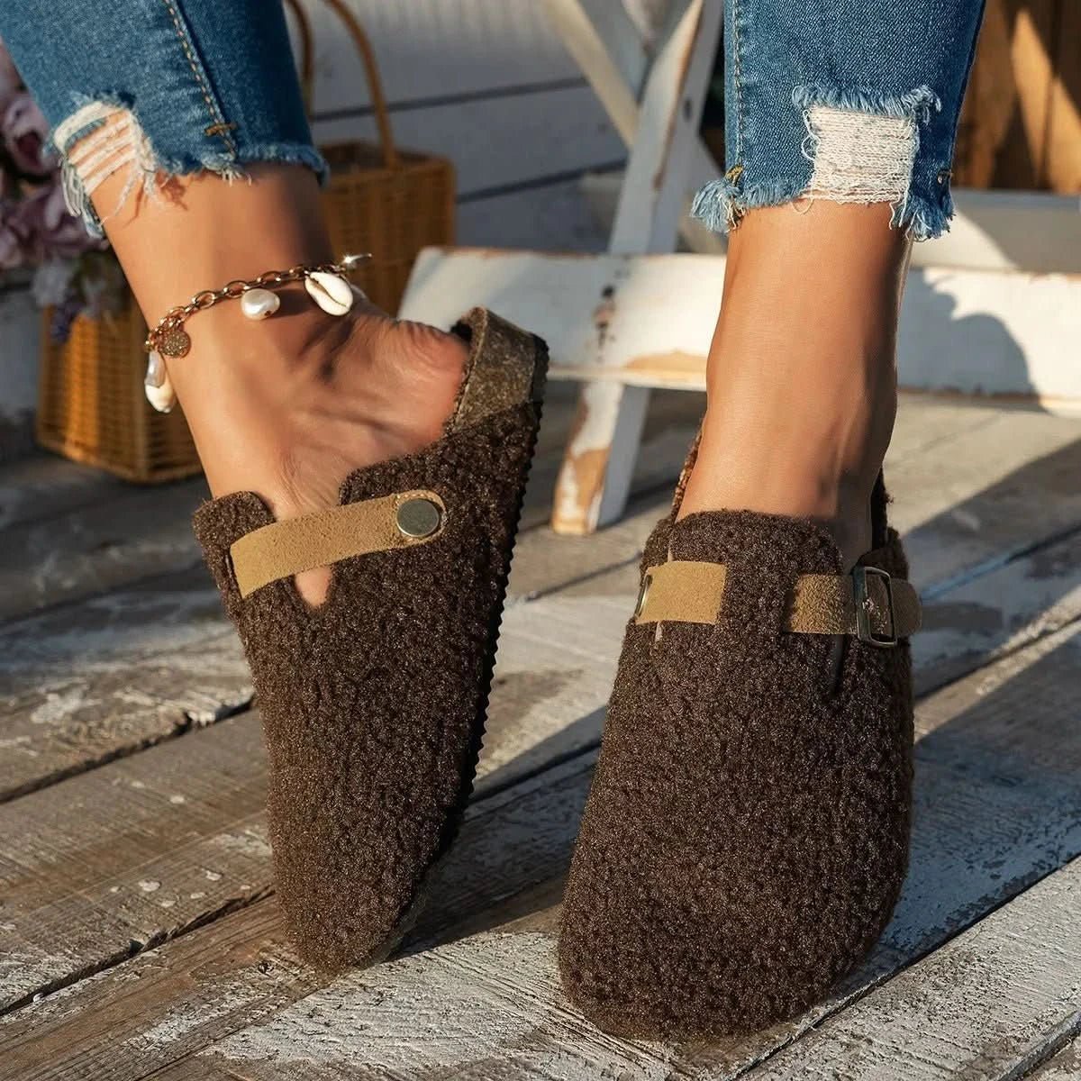 Sheepskin Mule Slippers — Warm Anti-Slip Winter House Shoes 9