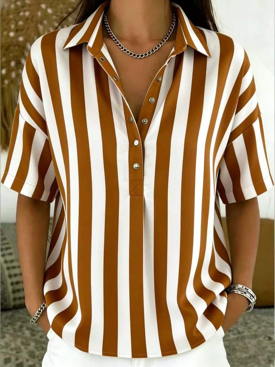 Women's Striped Collared Short Sleeve Blouse — Relaxed Fit 10