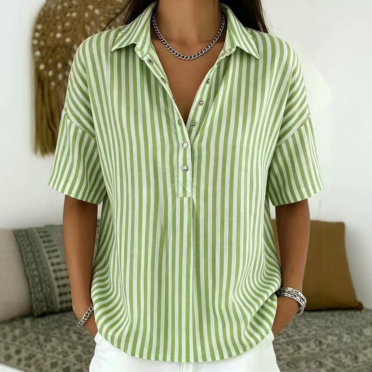 Women's Striped Collared Short Sleeve Blouse — Relaxed Fit 2