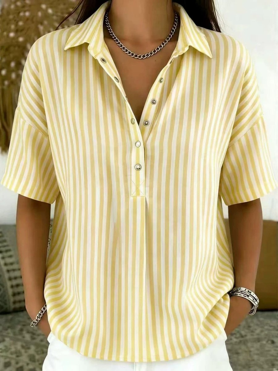 Women's Striped Collared Short Sleeve Blouse — Relaxed Fit 3