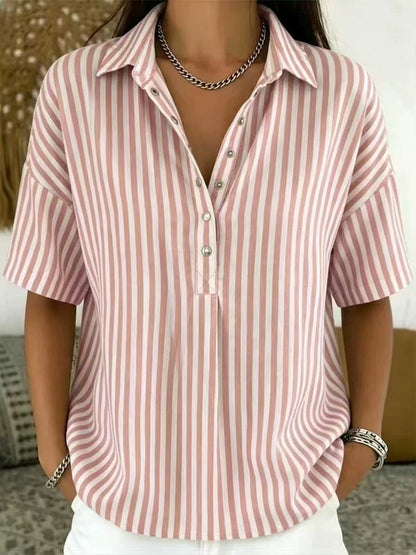 Women's Striped Collared Short Sleeve Blouse — Relaxed Fit 4