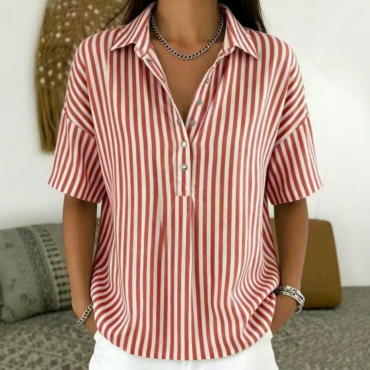 Women's Striped Collared Short Sleeve Blouse — Relaxed Fit 5
