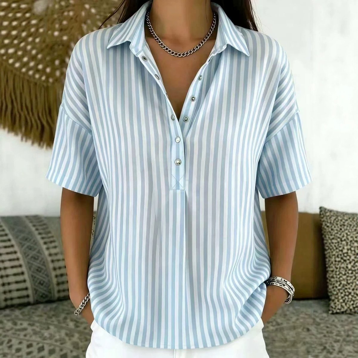 Women's Striped Collared Short Sleeve Blouse — Relaxed Fit 7