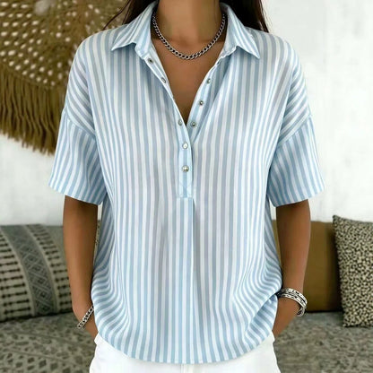 Women's Striped Collared Short Sleeve Blouse — Relaxed Fit 7