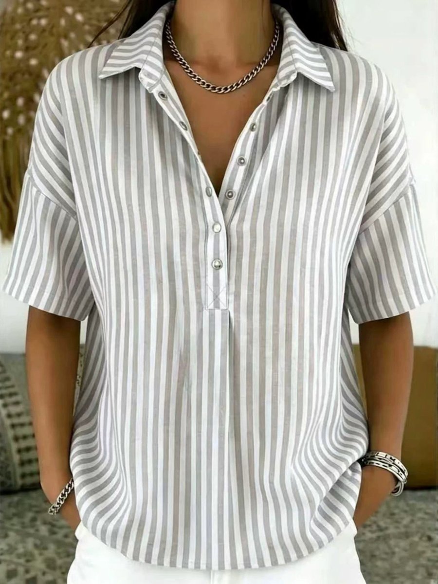 Women's Striped Collared Short Sleeve Blouse — Relaxed Fit 8