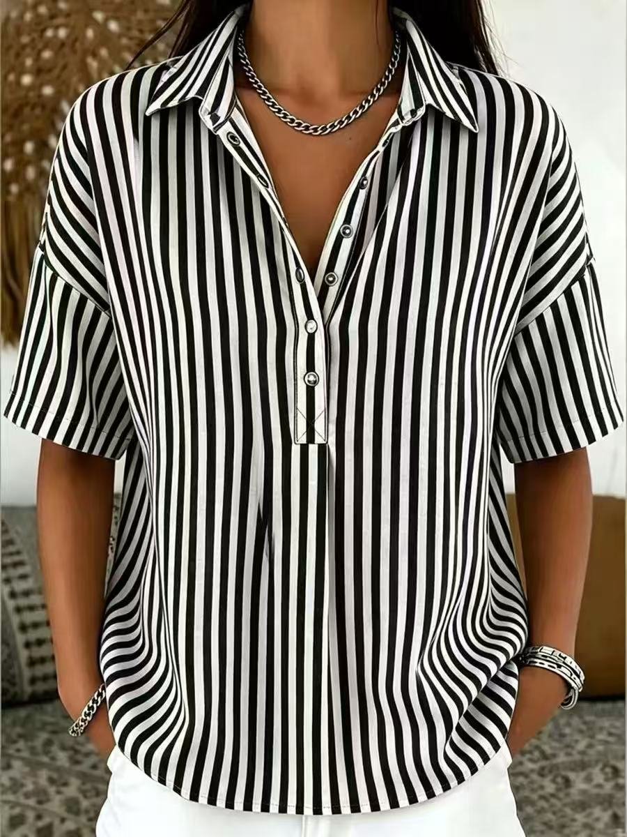 Women's Striped Collared Short Sleeve Blouse — Relaxed Fit 9