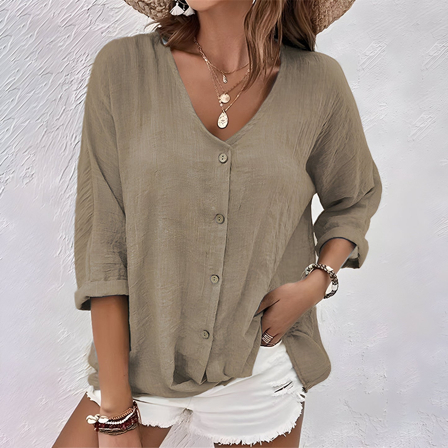 Relaxed Button-Up Blouse with V-Neckline & Elbow Sleeves 4