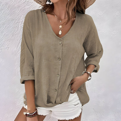 Relaxed Button-Up Blouse with V-Neckline & Elbow Sleeves 4