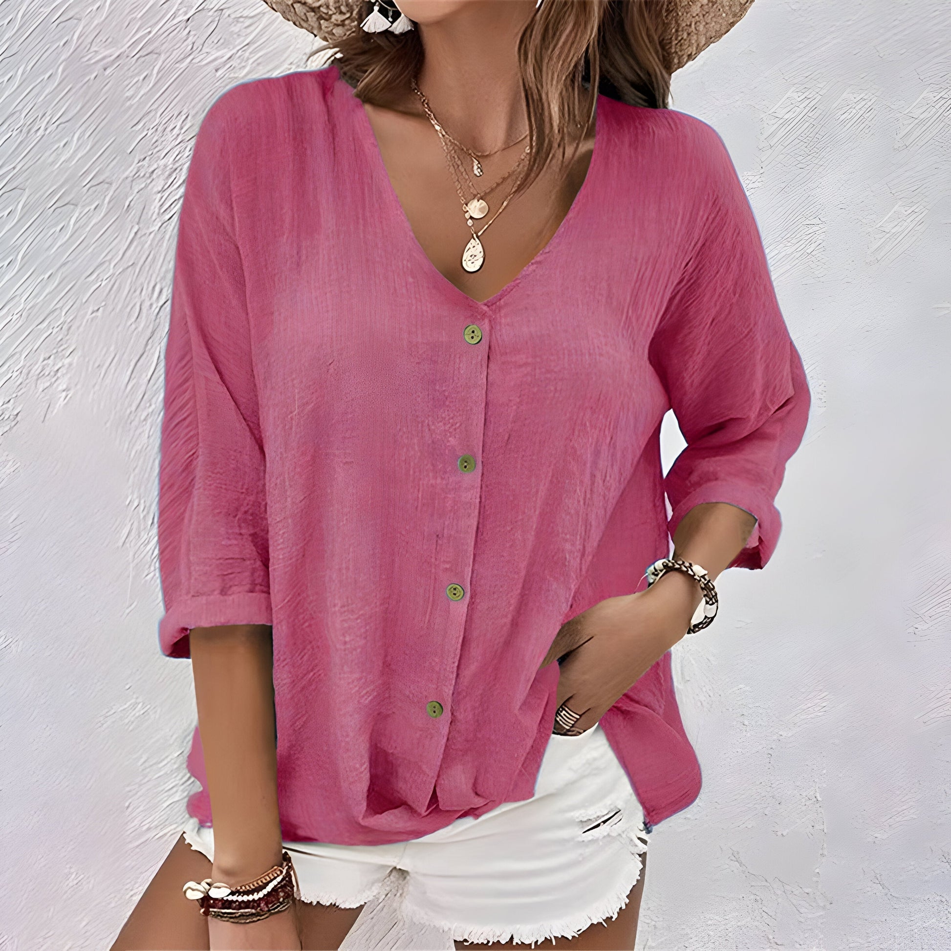 Relaxed Button-Up Blouse with V-Neckline & Elbow Sleeves 5