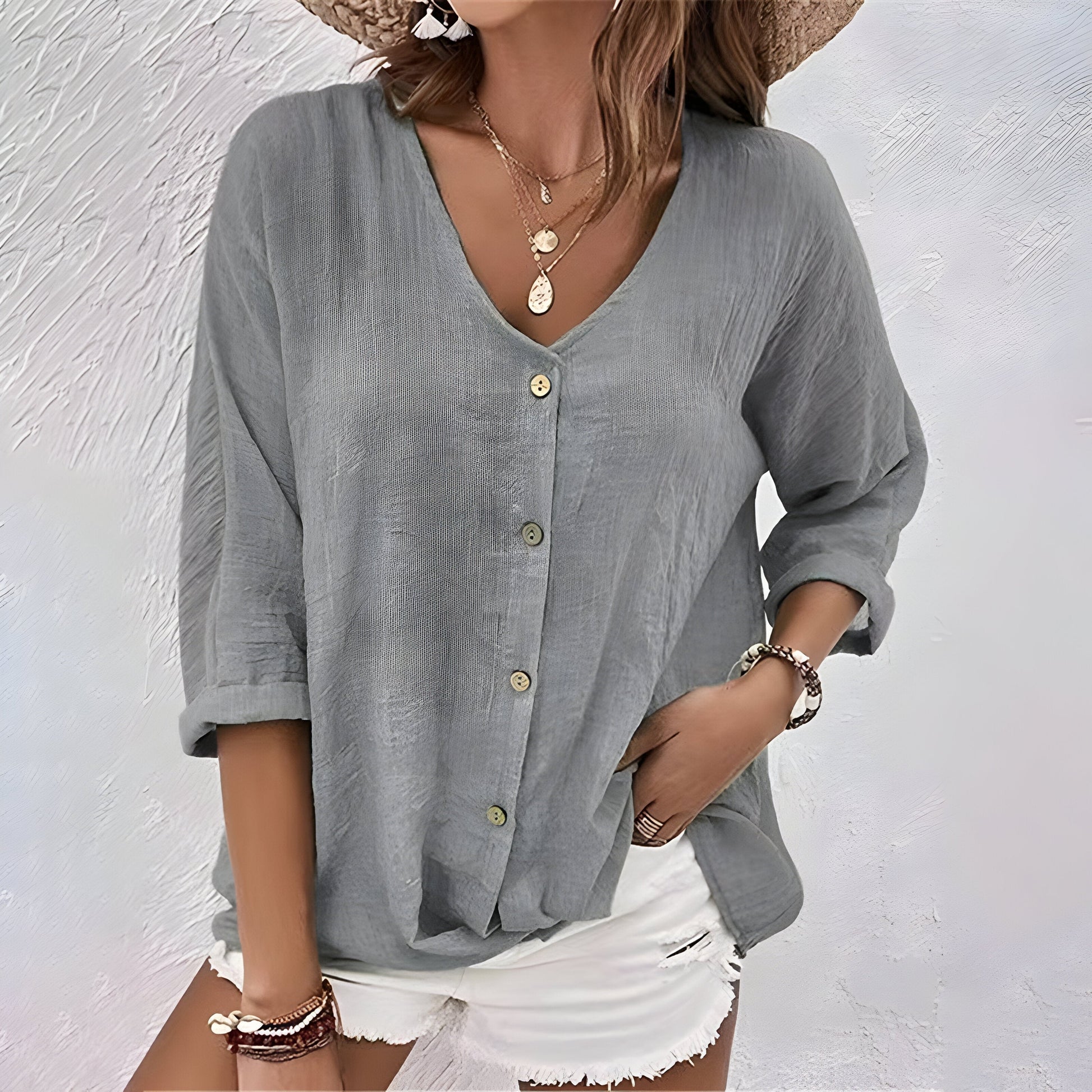 Marcia™ Relaxed Button-Up Blouse with V-Neck & Roll Sleeves 4