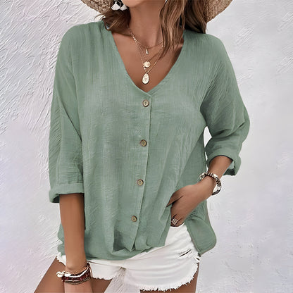 Relaxed Button-Up Blouse with V-Neckline & Elbow Sleeves 1