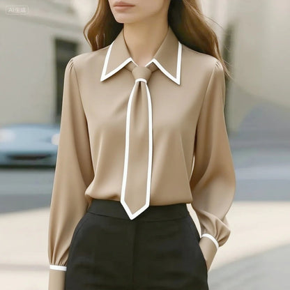 Tie Neck Collared Long Sleeve Blouse — Contrast Trim 2