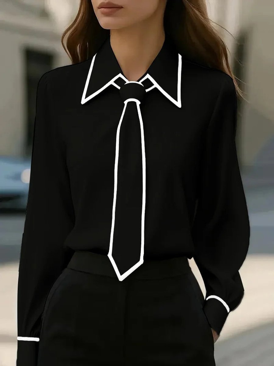 Tie Neck Collared Long Sleeve Blouse — Contrast Trim 3