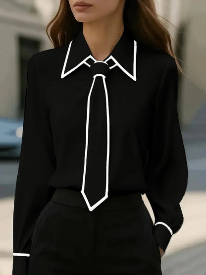 Tie Neck Collared Long Sleeve Blouse — Contrast Trim 3