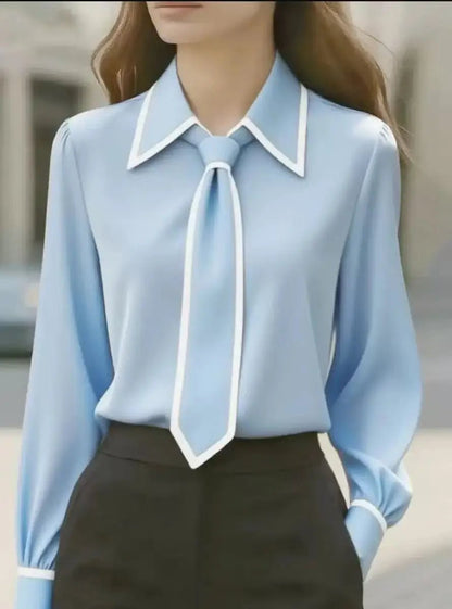 Tie Neck Collared Long Sleeve Blouse — Contrast Trim 4