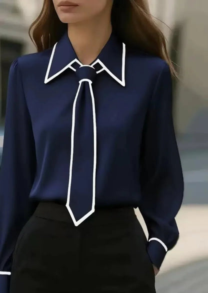 Tie Neck Collared Long Sleeve Blouse — Contrast Trim 5