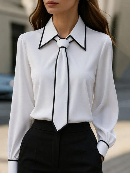 Tie Neck Collared Long Sleeve Blouse — Contrast Trim 1