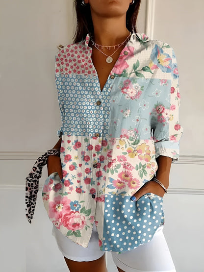 Women's Printed Blouse — Button-Front Collared 3/4 Sleeve 3