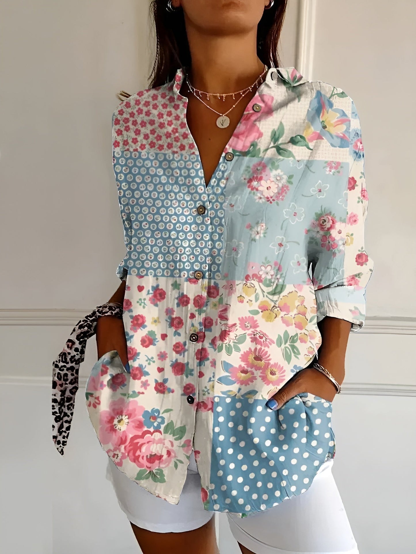 Abstract Print Split-Neck Blouse - Button-Front Long Sleeve 5