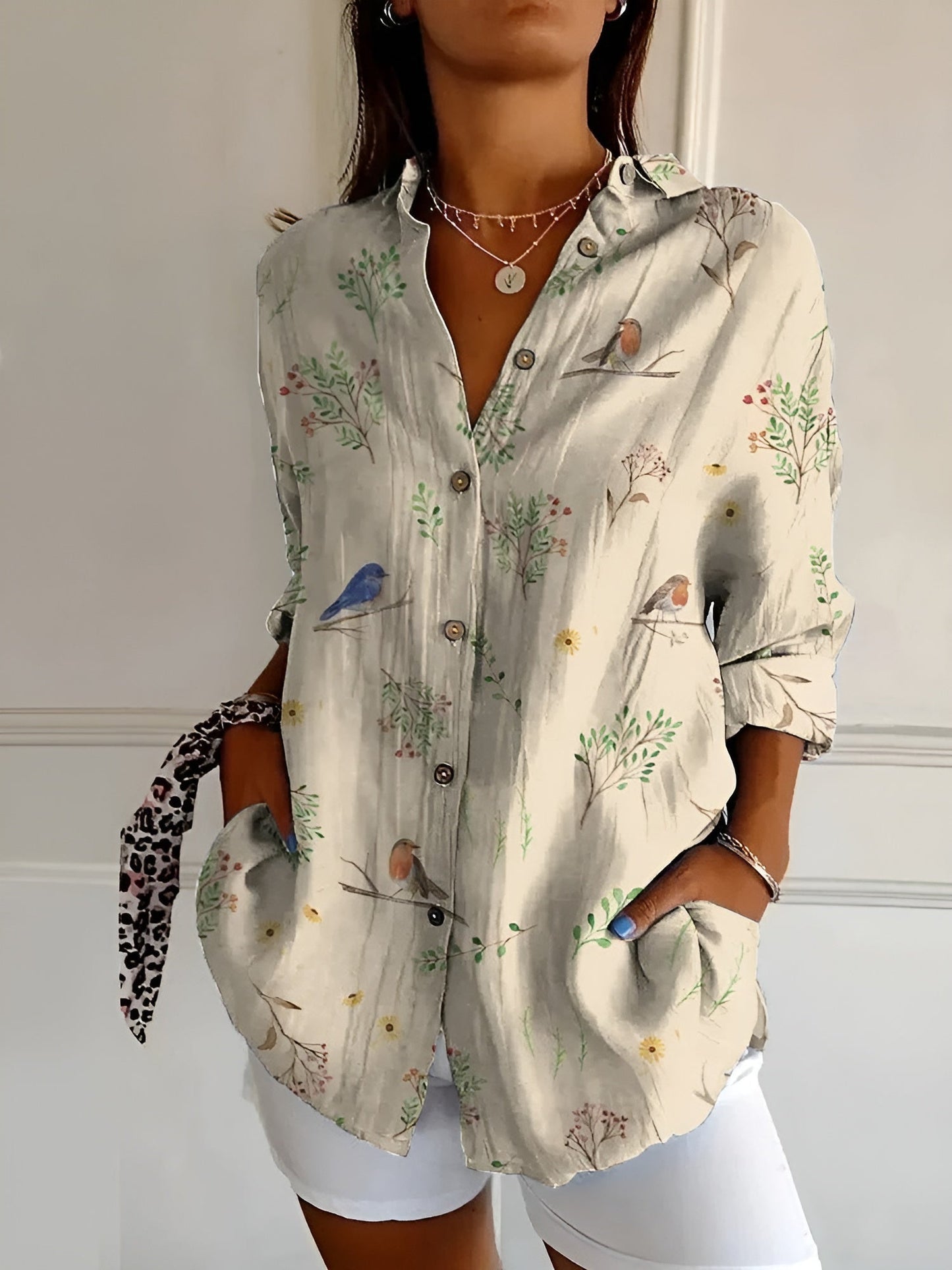 Abstract Print Split-Neck Blouse - Button-Front Long Sleeve 9