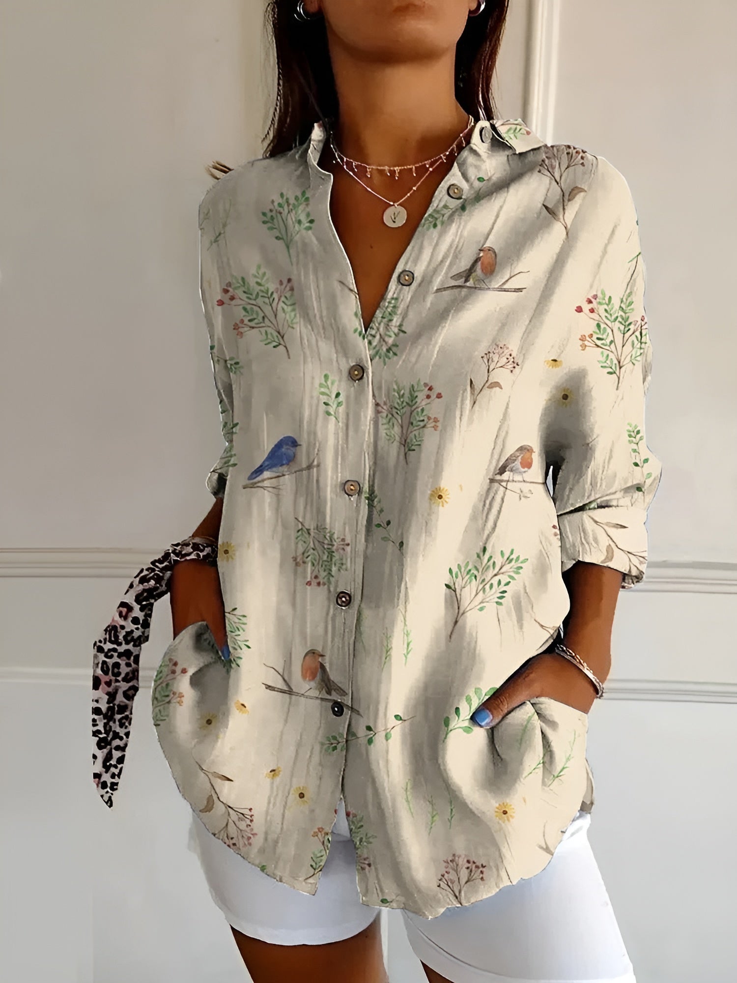 Women's Printed Blouse — Button-Front Collared 3/4 Sleeve 5