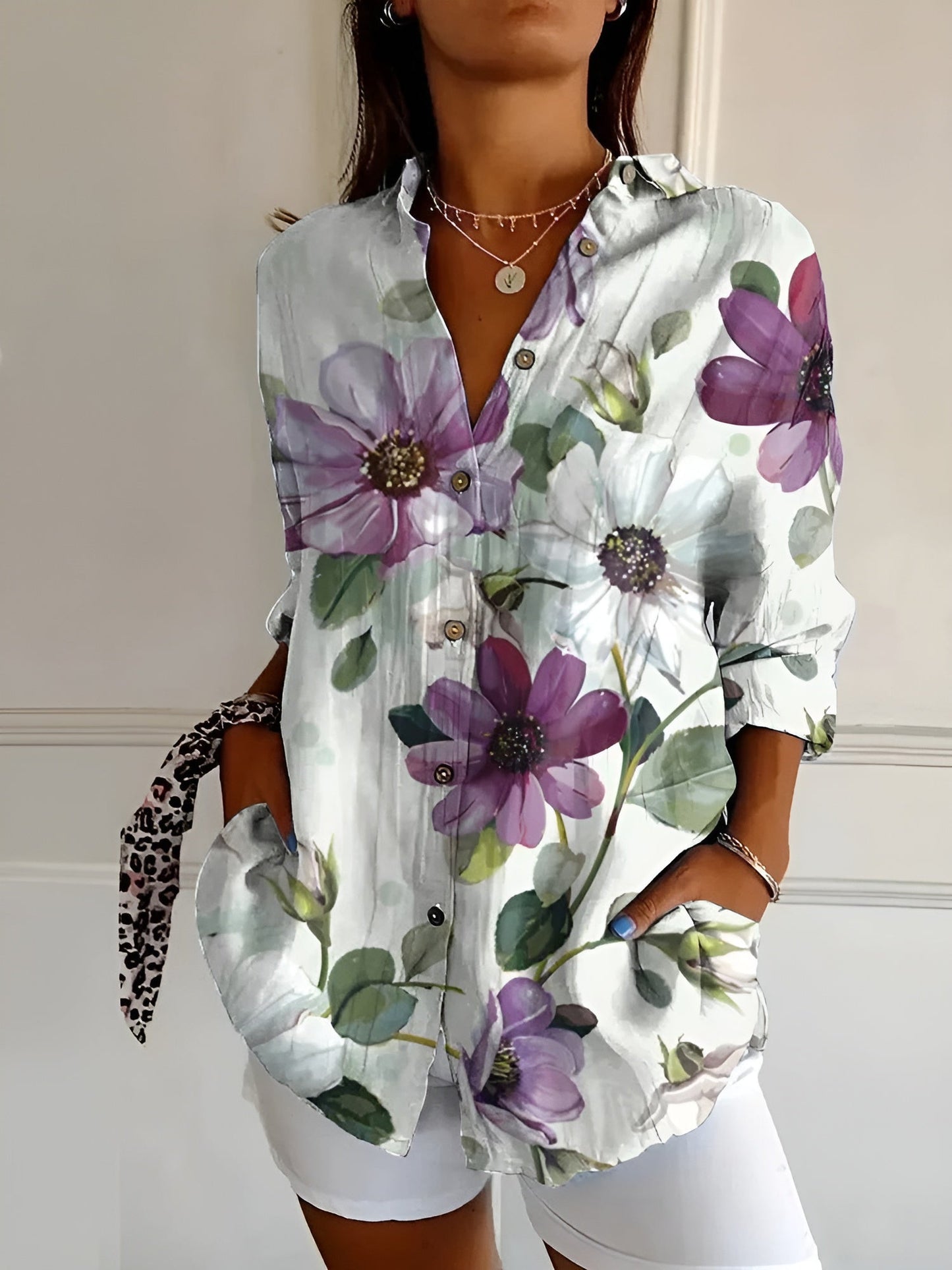 Abstract Print Split-Neck Blouse - Button-Front Long Sleeve 15