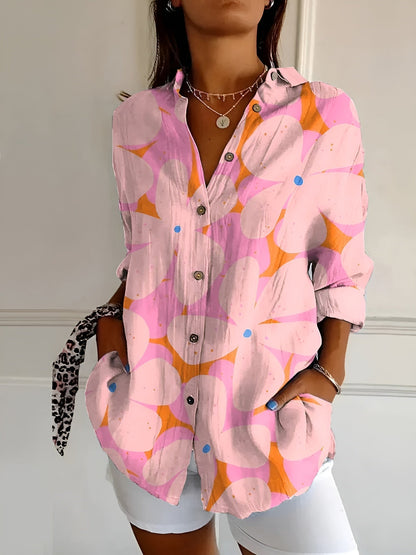 Abstract Print Split-Neck Blouse - Button-Front Long Sleeve 11
