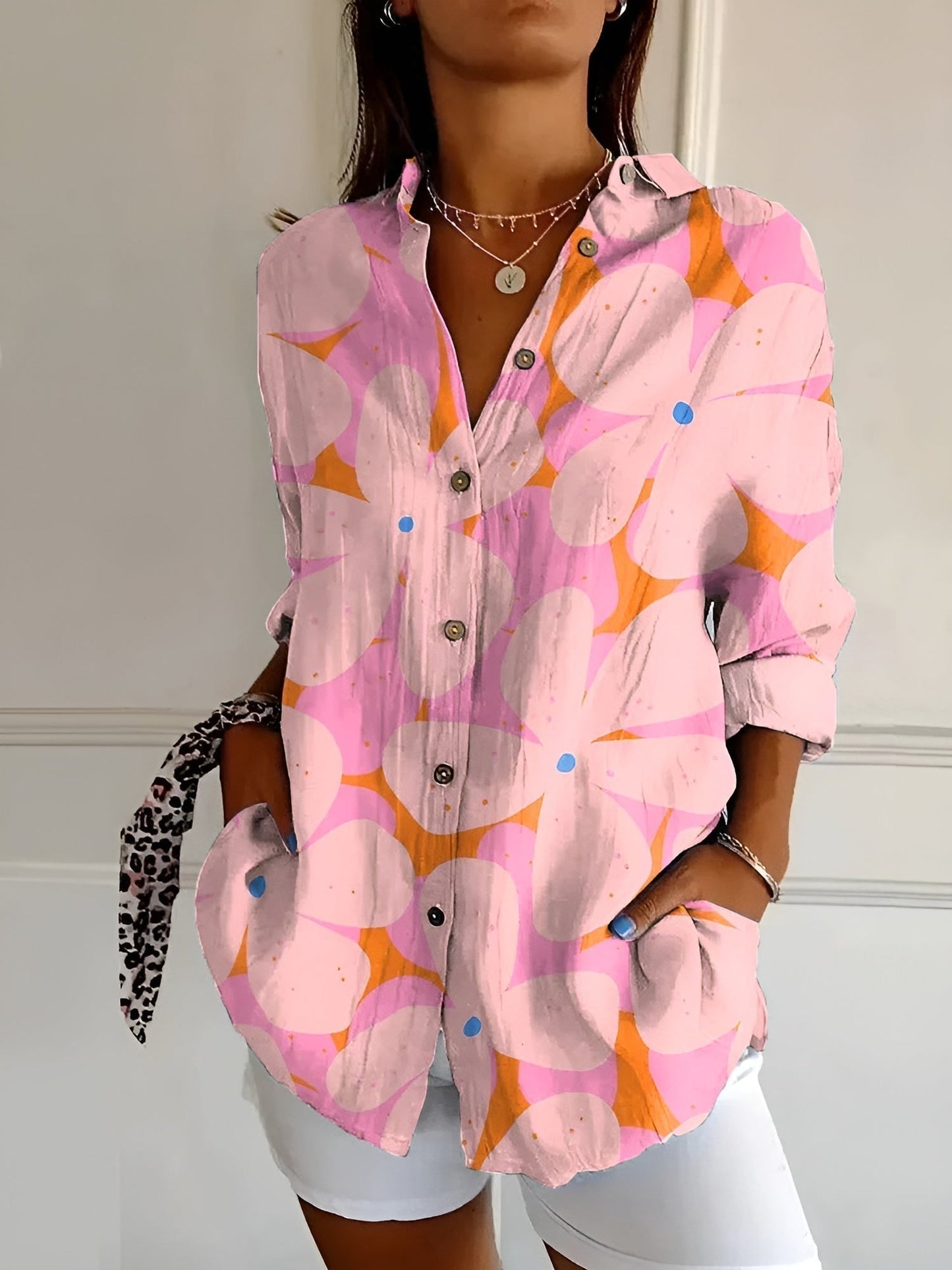 Women's Printed Blouse — Button-Front Collared 3/4 Sleeve 6