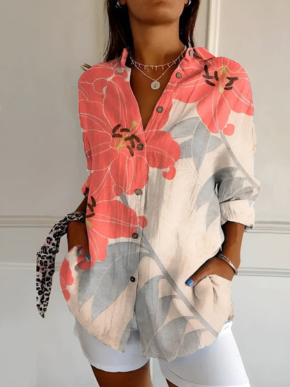 Abstract Print Split-Neck Blouse - Button-Front Long Sleeve 13