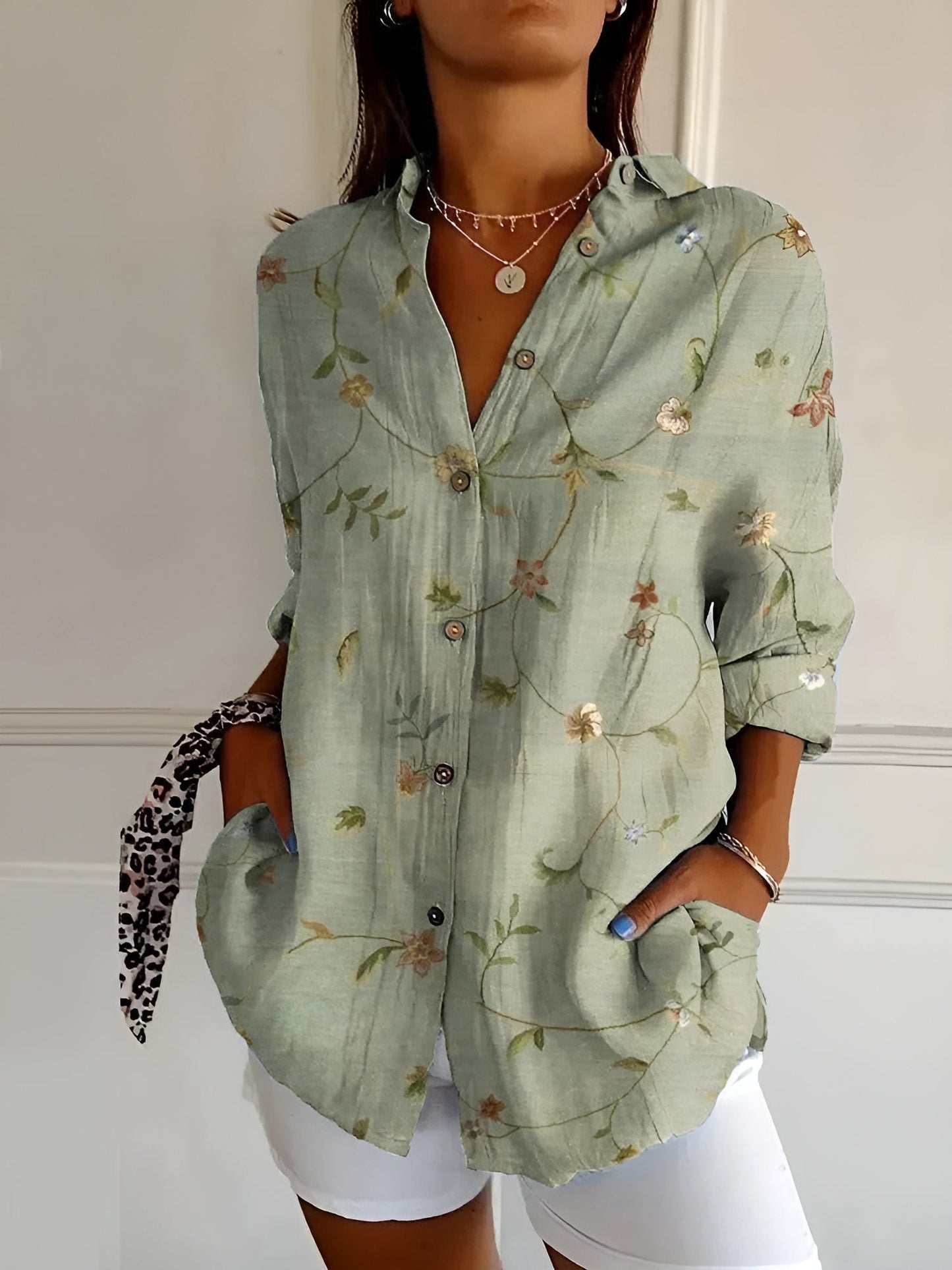 Abstract Print Split-Neck Blouse - Button-Front Long Sleeve 3