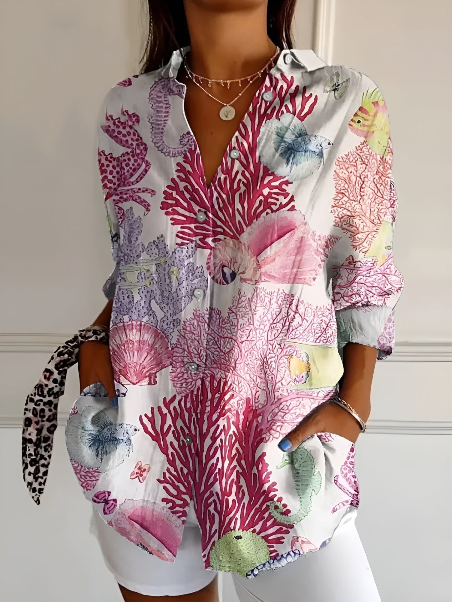 Abstract Print Split-Neck Blouse - Button-Front Long Sleeve 7