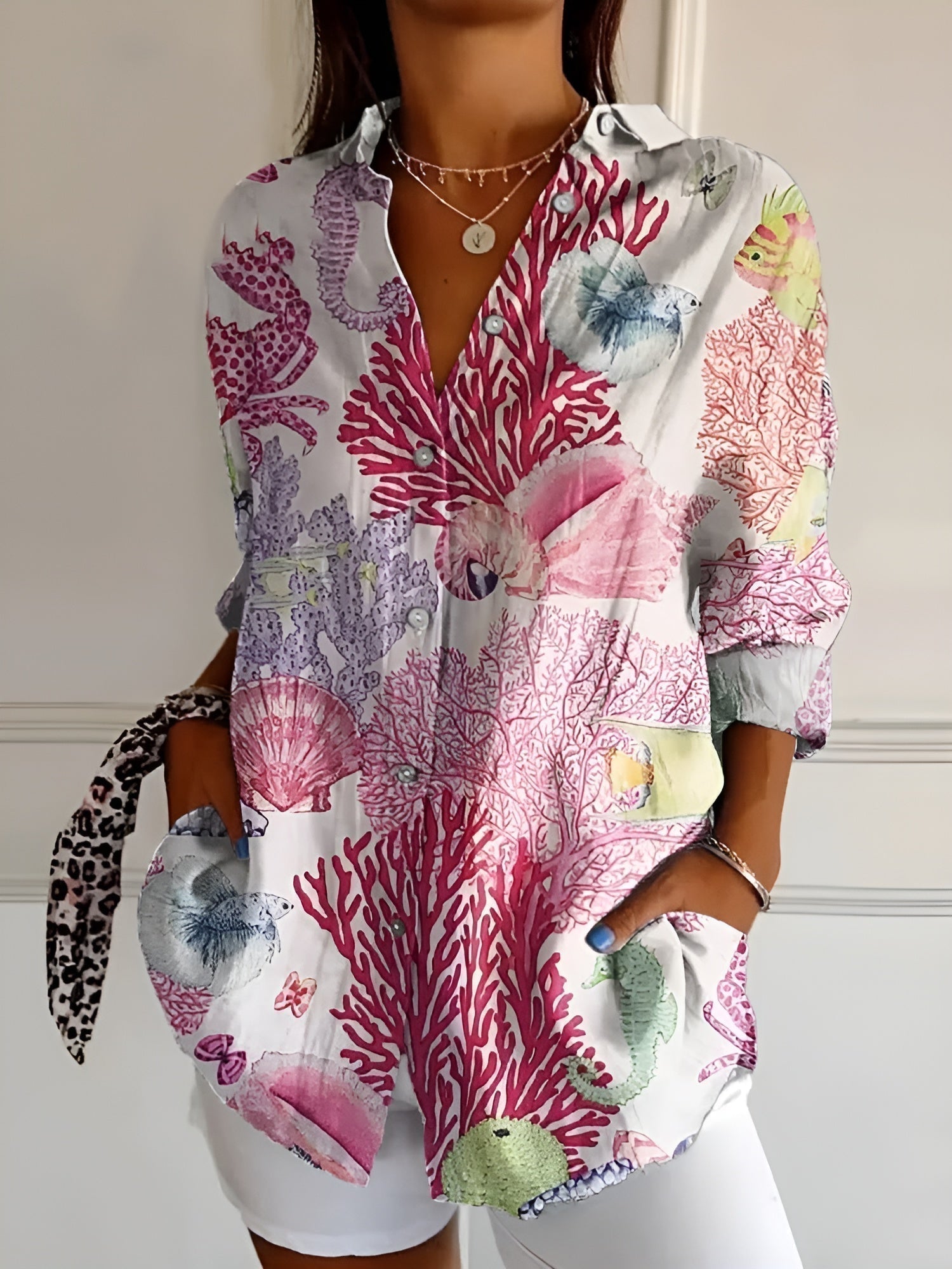 Women's Printed Blouse — Button-Front Collared 3/4 Sleeve 4